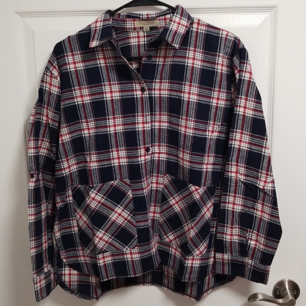 Cotton Plaid Button Down Shirt with Pockets NWOT